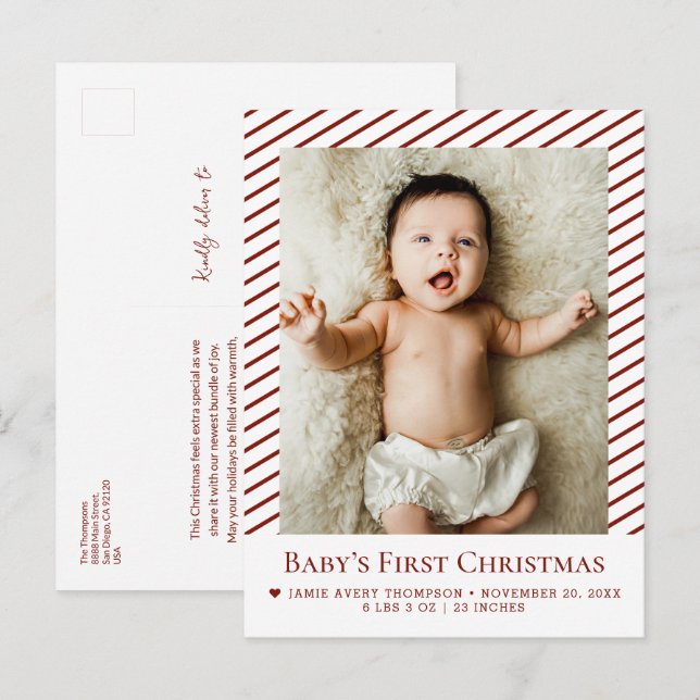 Red Baby’s First Christmas Custom Photo Birth  Postcard (Front/Back)