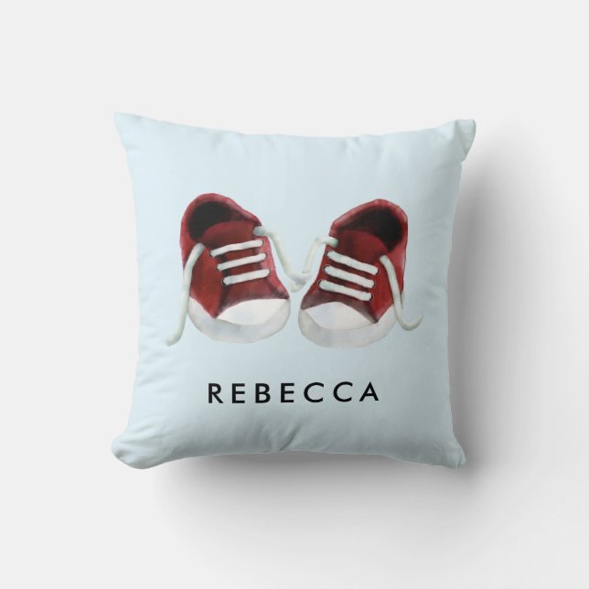 Red Baby Sneakers Pillow, with Name, for Nursery Cushion (Front)