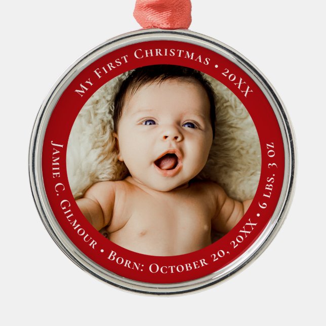 Red Baby's First Christmas 1 photo Birth date Metal Tree Decoration (Front)
