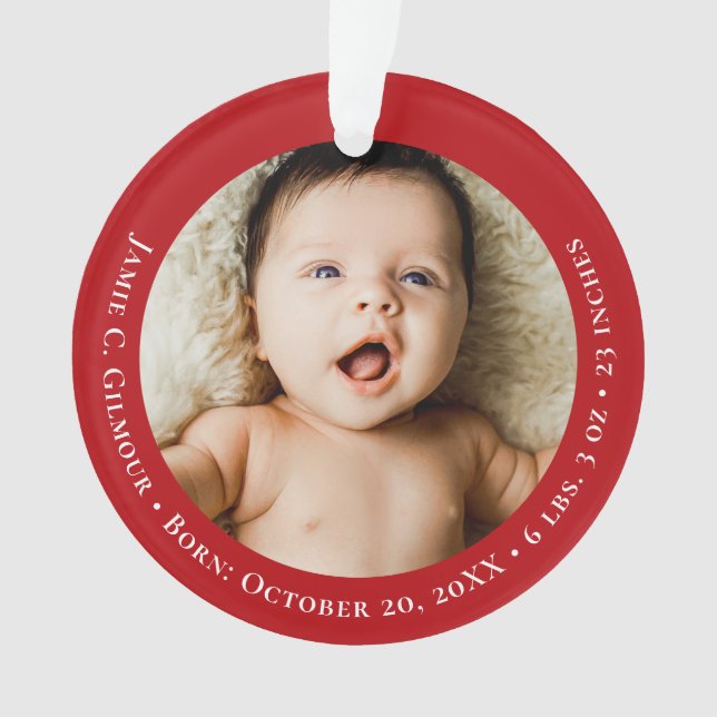 Red Baby's First Christmas 1 photo Birth date Ornament (Front)