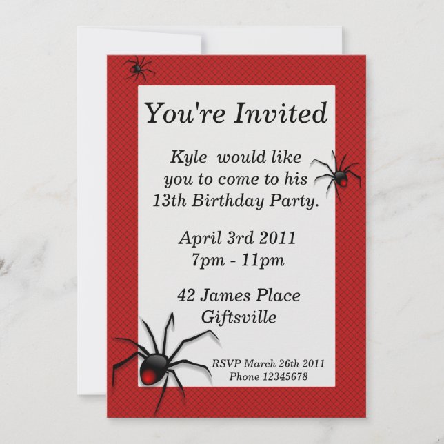 Red Back Spider Birthday Party Invitation (Front)