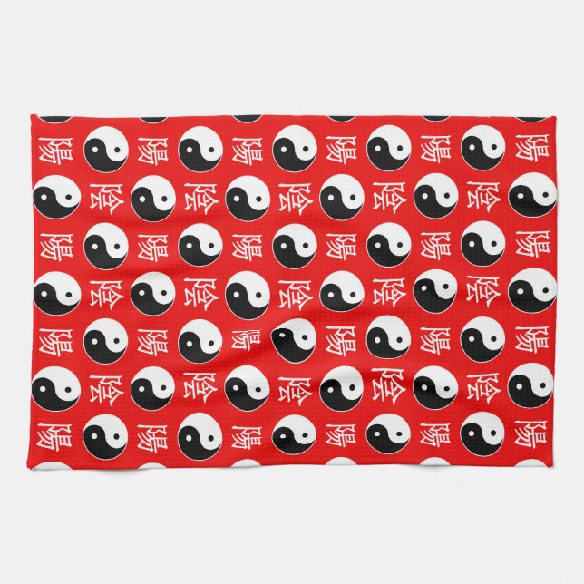Red Background Chinese Yinyang Pattern Tea Towel (Horizontal)