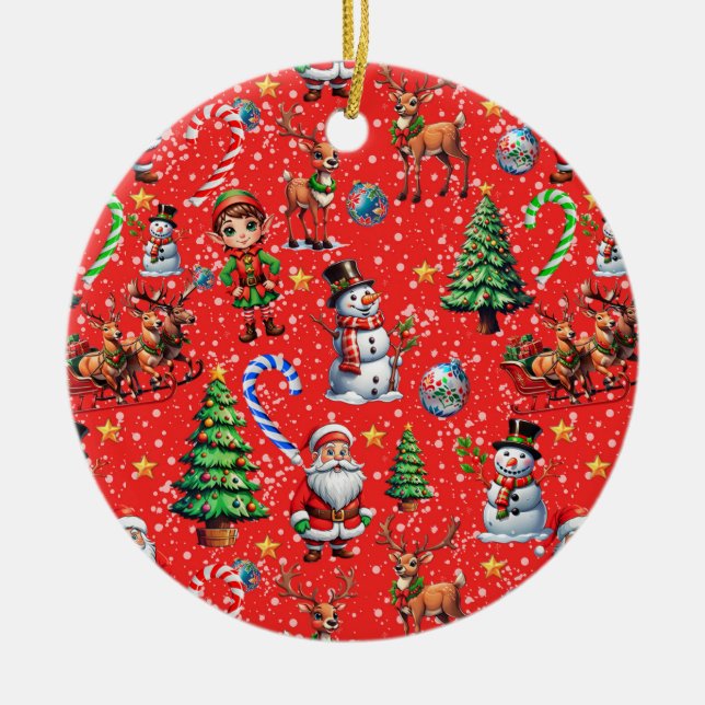 Red Background Christmas Decorative Pattern Ceramic Tree Decoration (Front)