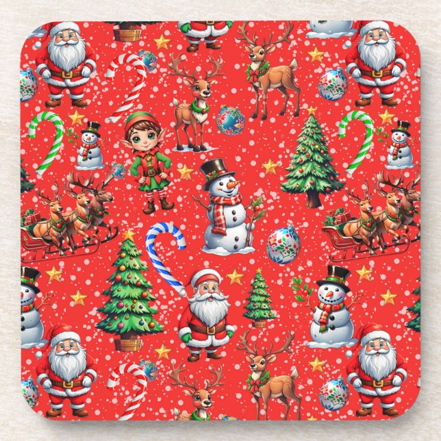 Red Background Christmas Decorative Pattern Coaster (Front)