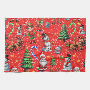 Red Background Christmas Decorative Pattern Tea Towel