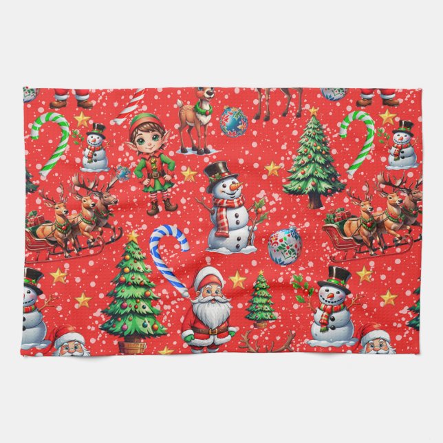 Red Background Christmas Decorative Pattern Tea Towel (Horizontal)