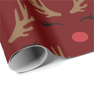 Red background cute reindeer merry christmas wrapping paper