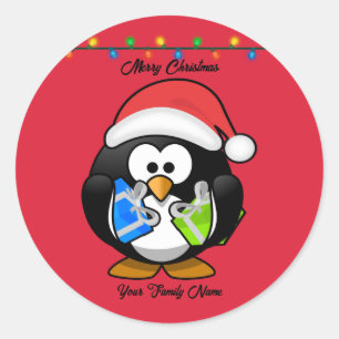 Red Background penguin holding Christmas presents  Classic Round Sticker