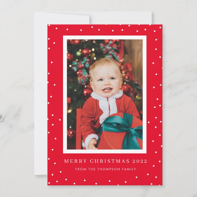Red Background Polka Dot Photo Christmas Card (Front)