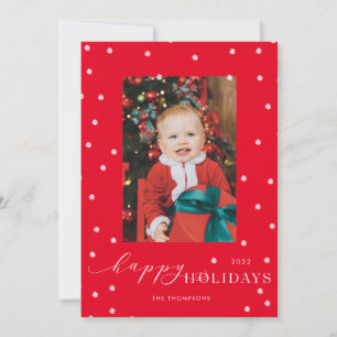 Red Background Pompom Polka Dot Photo Holiday Card