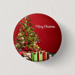 Red Background With Decorative Christmas Tree 3 Cm Round Badge