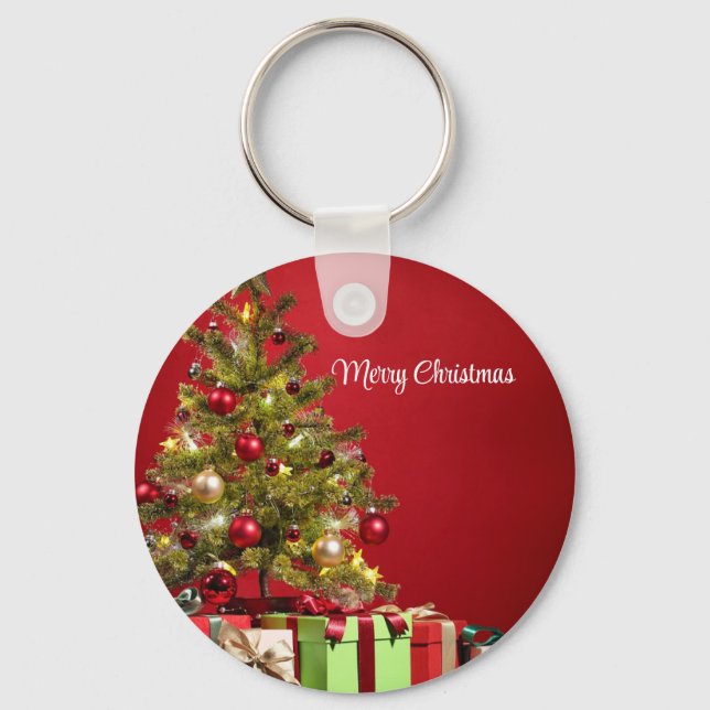 Red Background With Decorative Christmas Tree Key Ring (Front)