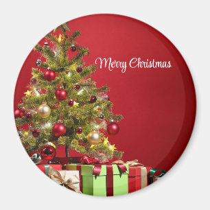 Red Background With Decorative Christmas Tree Magnet