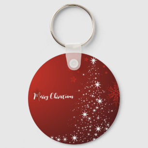 Red Background with Starry Christmas Tree Key Ring