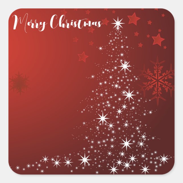 Red Background with Starry Christmas Tree Square Sticker (Front)