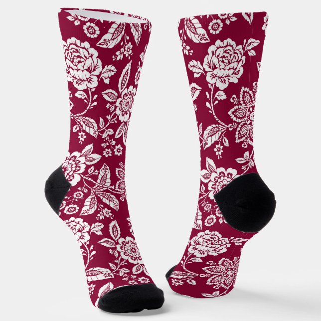 Red Background with White Floral Socks (Angled)