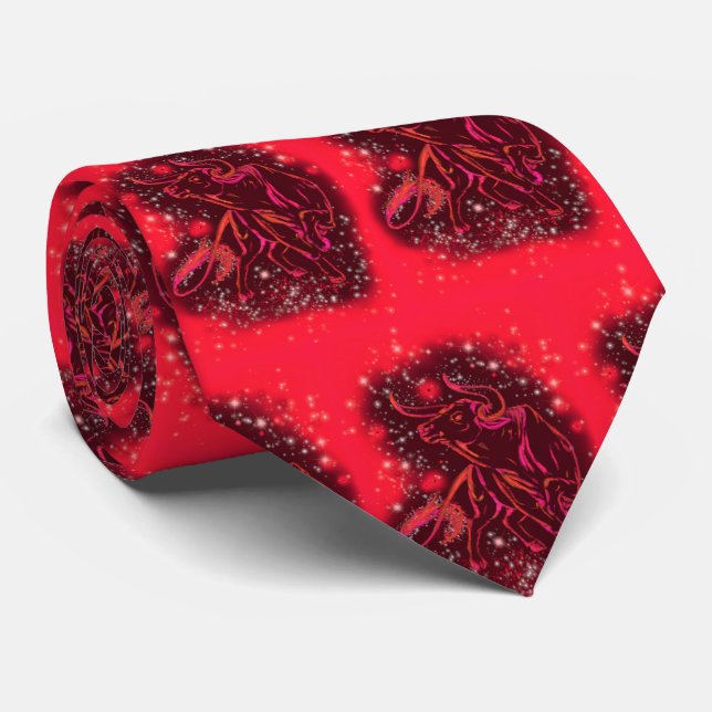 Red Bagic Bulls Running At Starry Night - Modern Tie (Rolled)