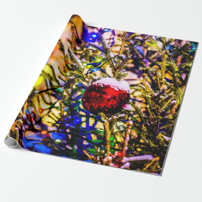 Red Ball, Christmas Lights Wrapping Paper (Unrolled)