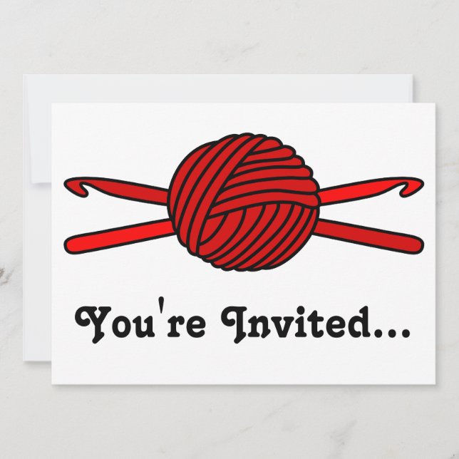 Red Ball of Yarn & Crochet Hooks Invitation (Front)