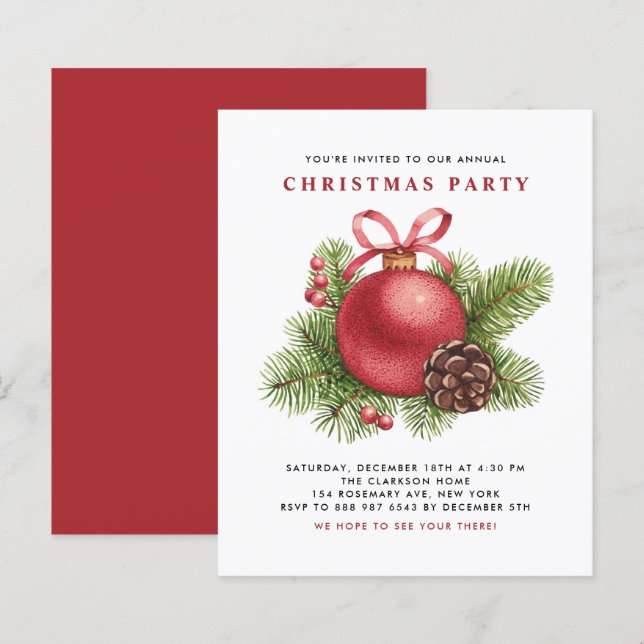 Red Ball Ornament Christmas Party Invitation (Front/Back)