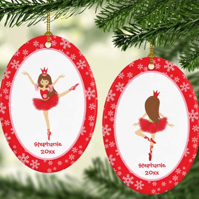 Red Ballerina Girl Personalised Christmas Ceramic Tree Decoration (Personalized Red Ballerina Snowflake Christmas Ceramic Ornament)