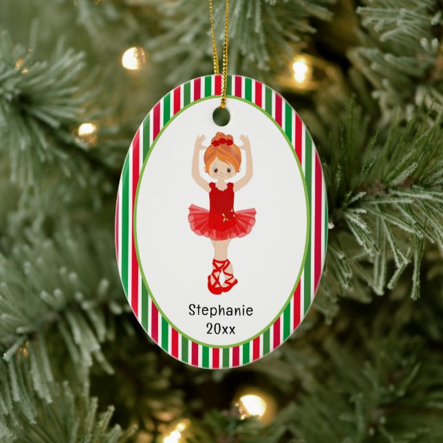 Red Ballerina Stripes Personalised Christmas Ceramic Tree Decoration (Tree)