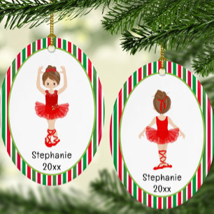 Red Ballerina Stripes Personalised Christmas Ceramic Tree Decoration
