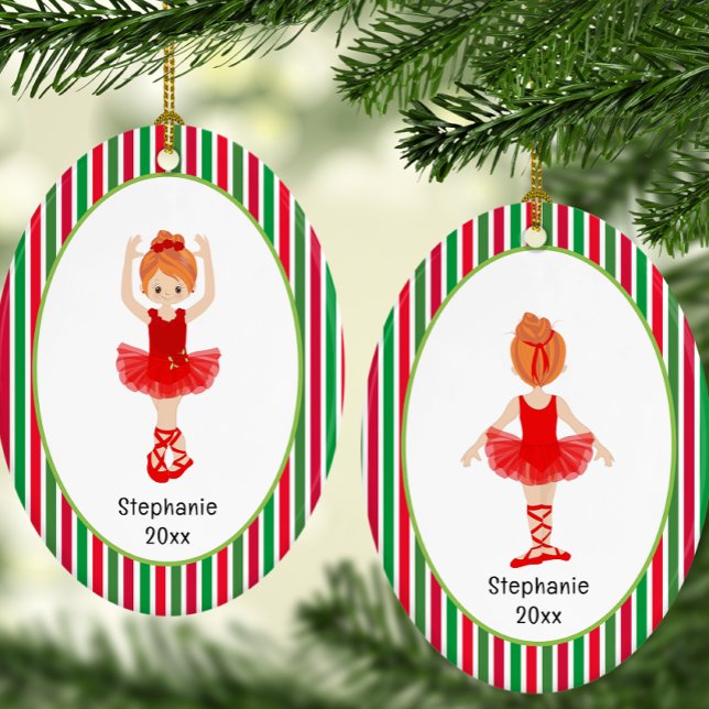 Red Ballerina Stripes Personalised Christmas Ceramic Tree Decoration (Red Ballerina Stripes Personalized Christmas Ceramic Ornament)