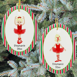 Red Ballerina Stripes Personalised Christmas Ceramic Tree Decoration