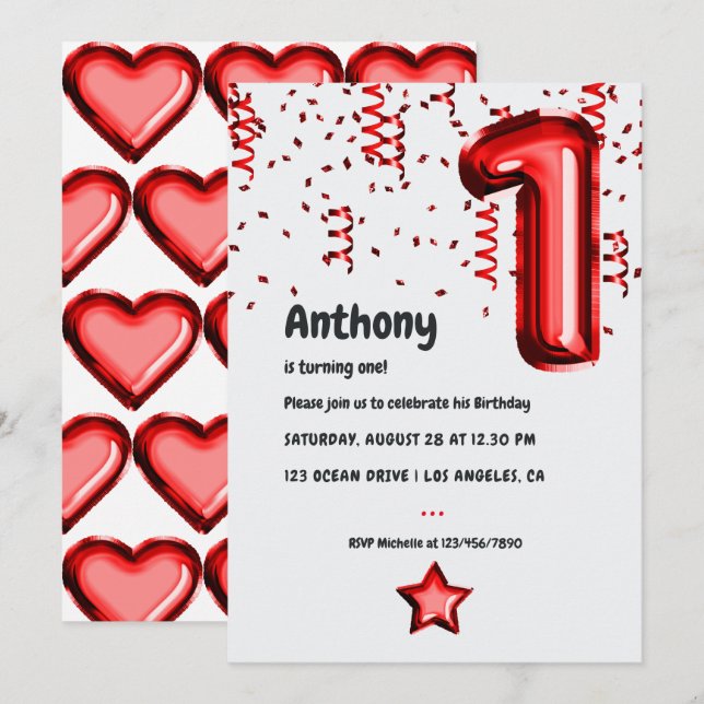 Red Balloon 1st Xmas Birthday Invitation (Front/Back)