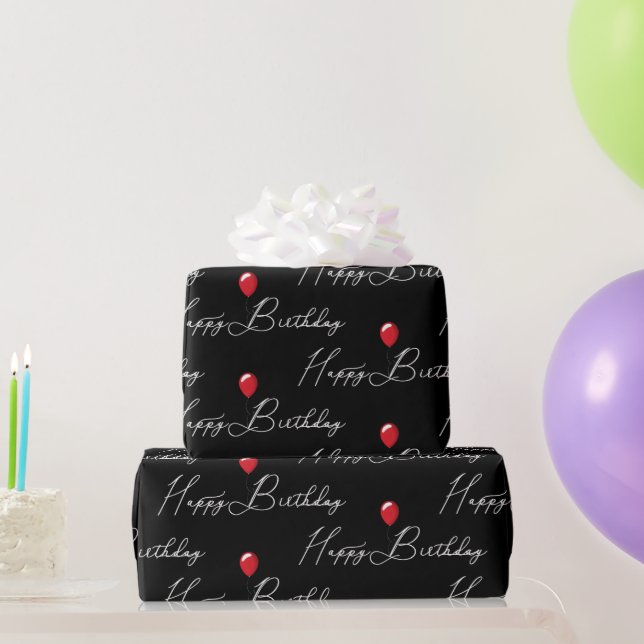 Red Balloon on Happy Birthday  Wrapping Paper (Party Gifts)