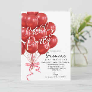 Red Balloon Script  Modern Birthday Party Invitation