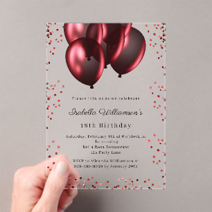 Red balloons clear luxury birthday acrylic invitations