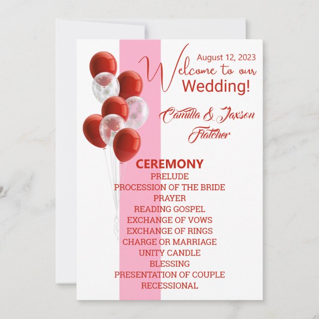 Red Balloons. Elegant Ceremony Program Invitation (Front)
