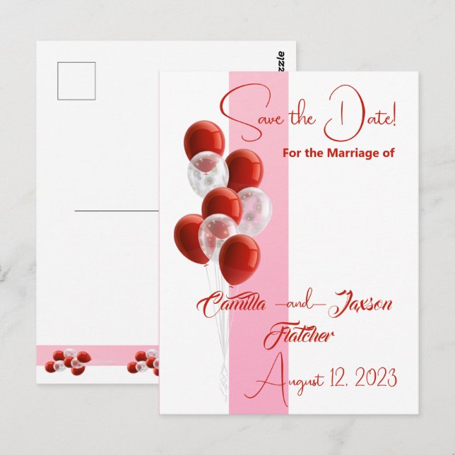Red Balloons. Elegant Save the Date card  (Front/Back)