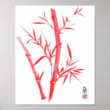 Red Bamboo Chinese Brush Art