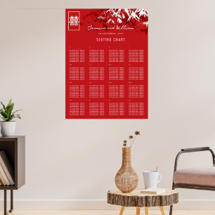 Red Bamboo Leaves Chinese Wedding Seating Chart
