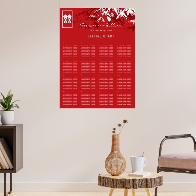 Red Bamboo Leaves Chinese Wedding Seating Chart (Living Room 3)