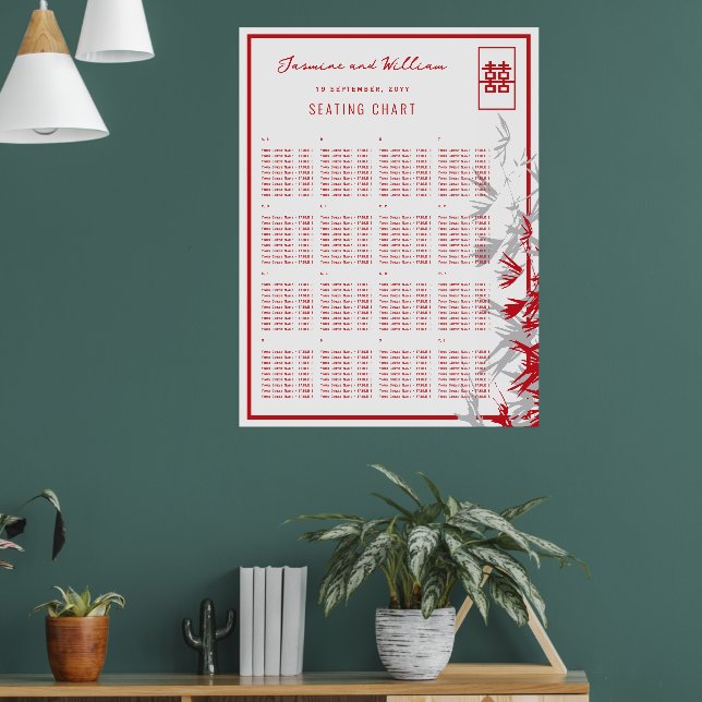 Red Bamboo Leaves Chinese Wedding Seating Chart (Living Room 1)