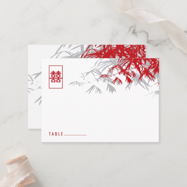 Red Bamboo Leaves Double Happiness Chinese Wedding Place Card (Front/Back In Situ)
