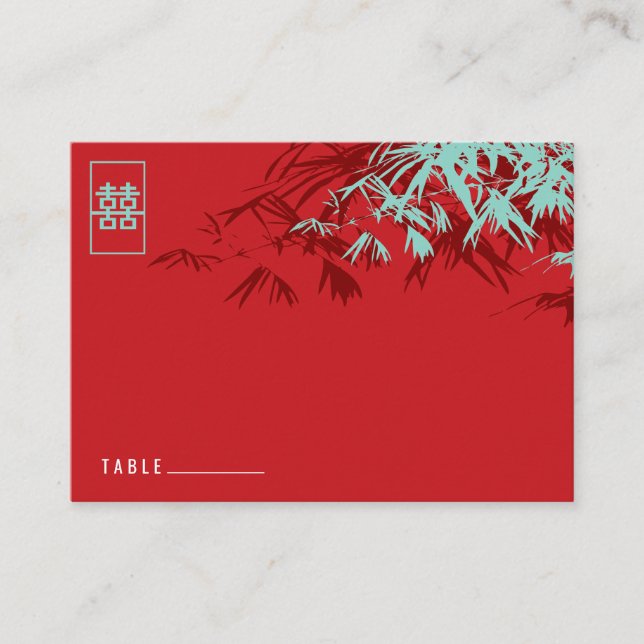 Red Bamboo Leaves Double Happiness Chinese Wedding Place Card (Front)
