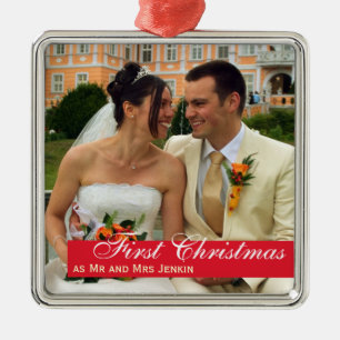 Red band couple first Christmas square photo Metal Tree Decoration