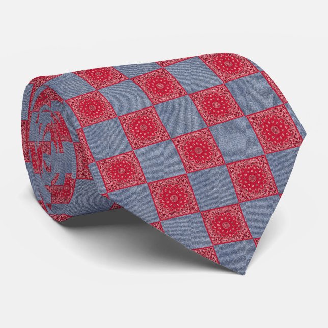 Red Bandanna and Denim Block Print Tie (Rolled)