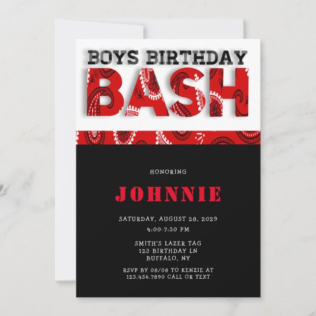 Red Bandanna Boys Bash Birthday Party Invitation (Front)