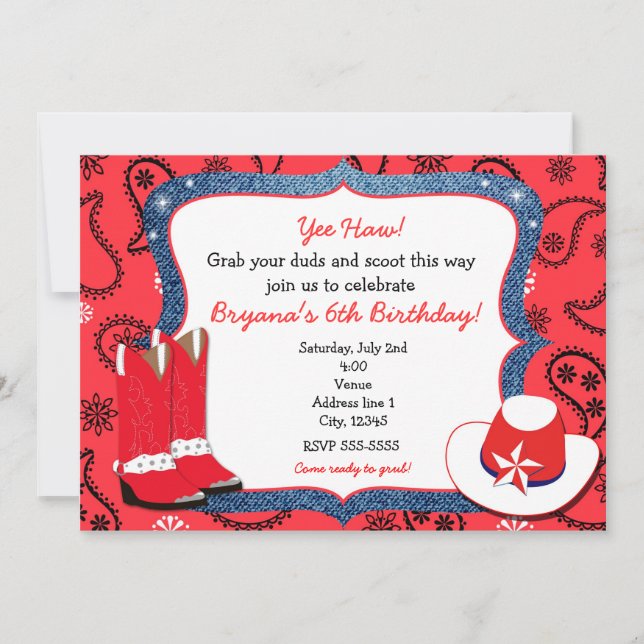 Red Bandanna & Denim Western Cowgirl Invitation (Front)
