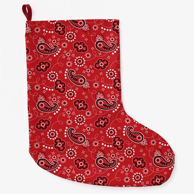 Red Bandanna Heart Modern Cowboy Love Fun Large Christmas Stocking (Front)