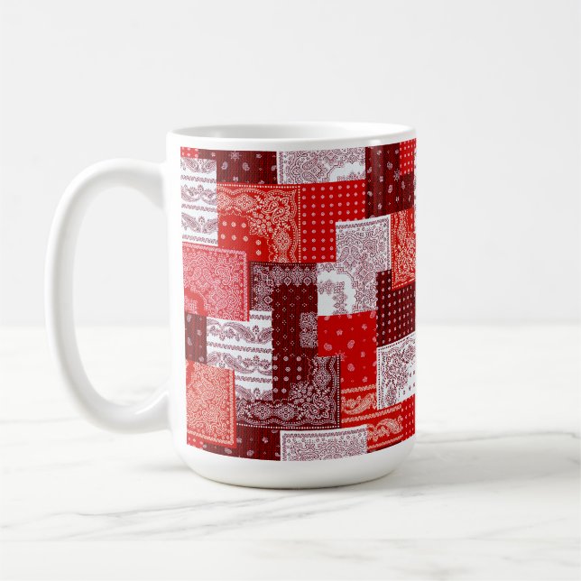 Red Bandanna Patchwork Paisley Sewing Pattern Coffee Mug (Left)