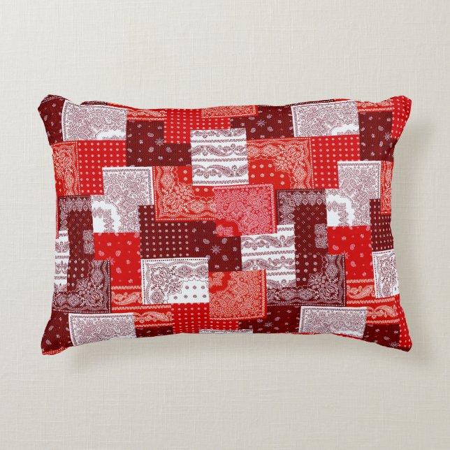 Red Bandanna Patchwork Paisley Sewing Pattern Decorative Cushion (Front)