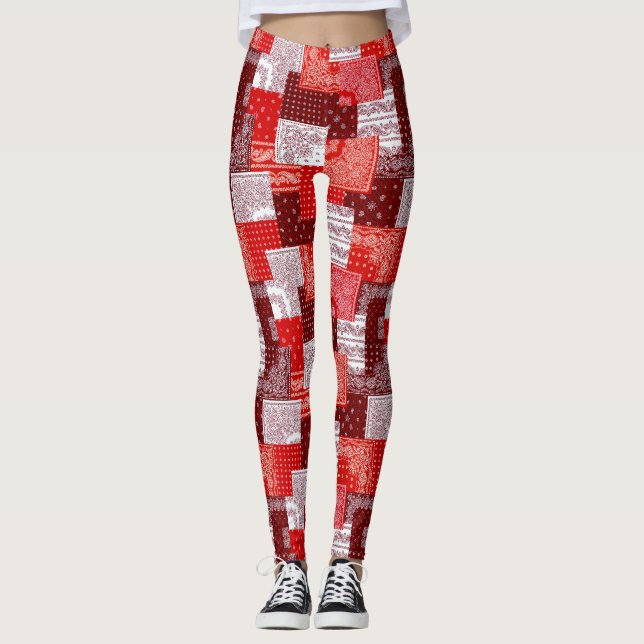 Red Bandanna Patchwork Paisley Sewing Pattern Leggings (Front)