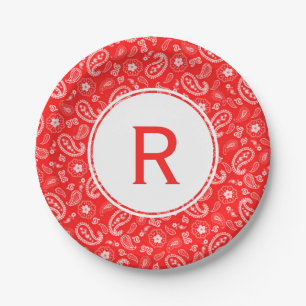 Red Bandanna Pattern & Monogram Paper Plate
